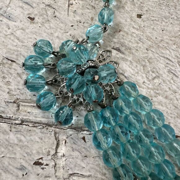 Vintage 1950s Aqua Multi Strand Rhinestone Beaded Necklace - Picture 3 of 9